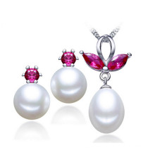 Природный жемчуг Установить свадебный подарок AAA 9-10мм кнопки и падение пресной воды Pearl Set Jewelry